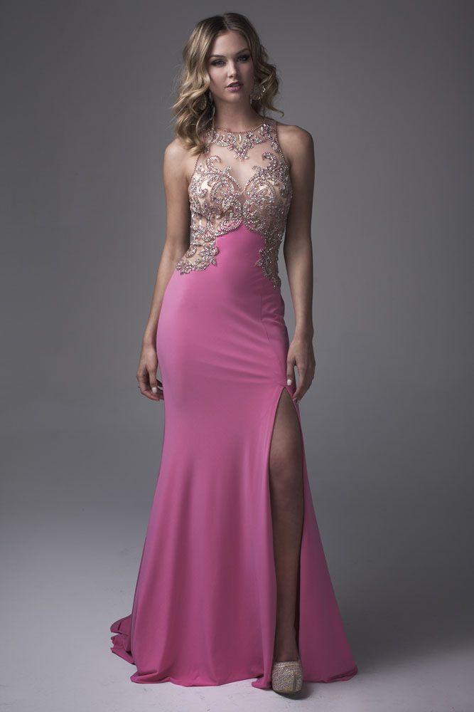 Style 15106 Brit Cameron Size 2 Prom Sequined Hot Pink Side Slit Dress on Queenly
