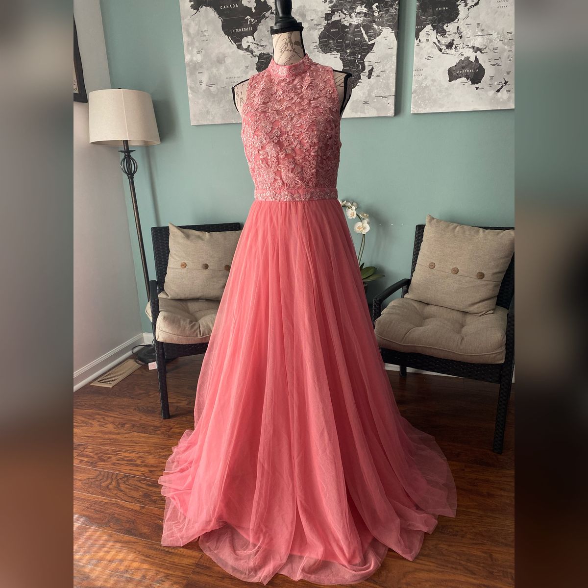 Size 8 Bridesmaid High Neck Lace Coral A-line Dress on Queenly