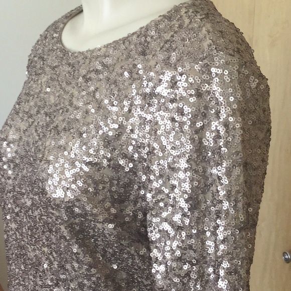 Badgley Mischka Size 14 Long Sleeve Sequined Silver Cocktail Dress on Queenly