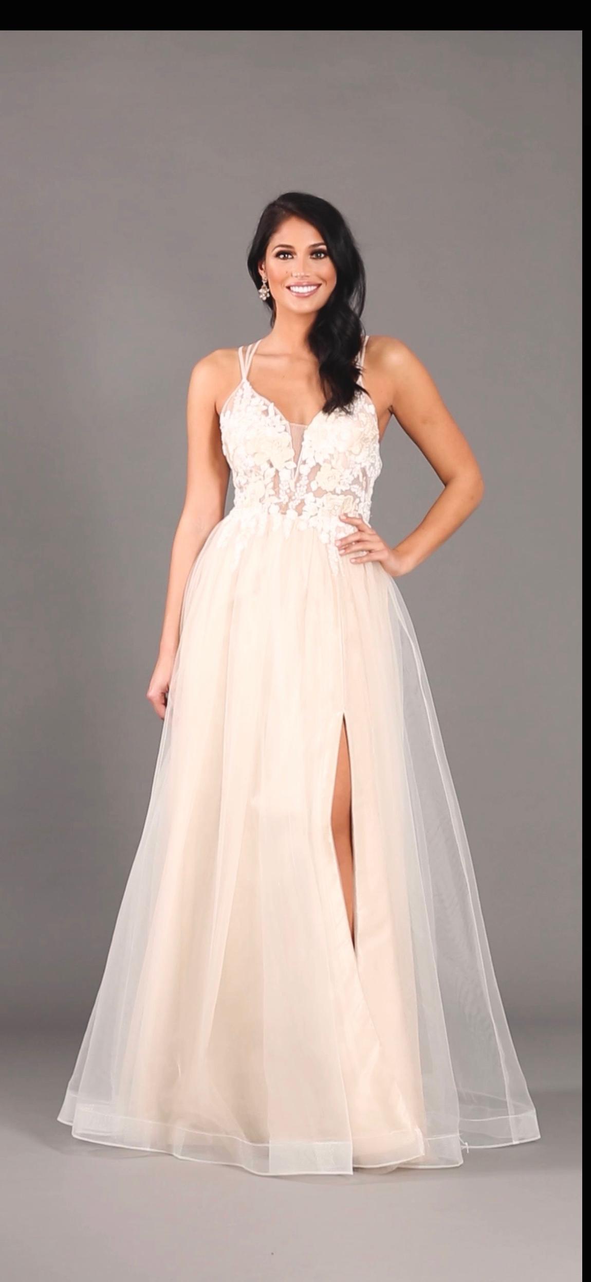 Formal Dress: 61110. Long Sexy White Dress, Plunging Neckline, High-low