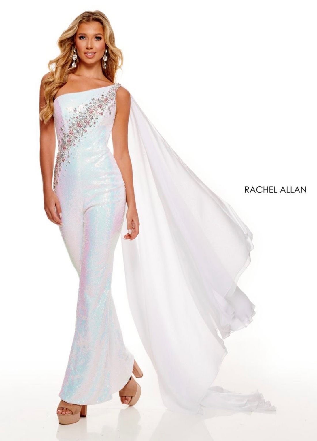Rachel Allan Size 0 One Shoulder Sequined Multicolor Formal Jumpsuit on Queenly