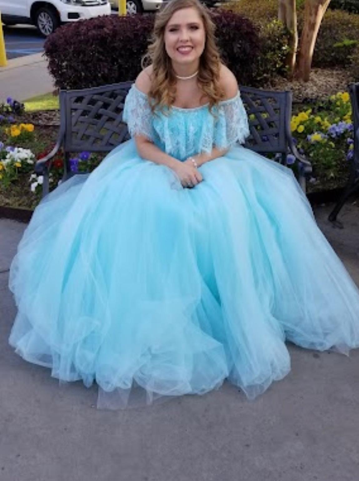 MoriLee Size 6 Prom Off The Shoulder Lace Blue Ball Gown on Queenly