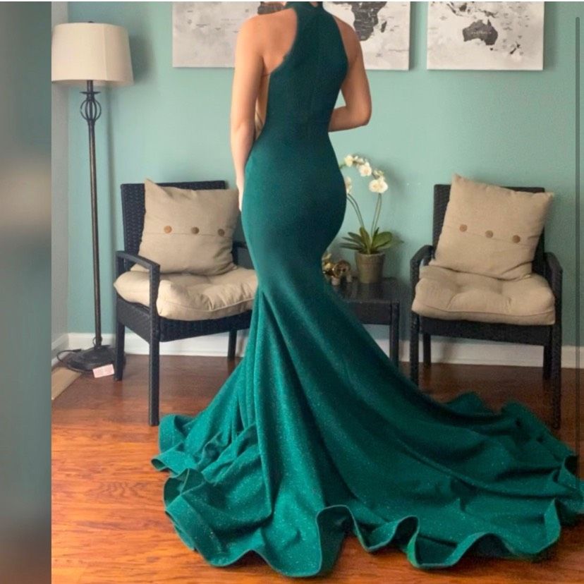 Jovani Size 00 Prom Halter Sheer Emerald Green Mermaid Dress on Queenly