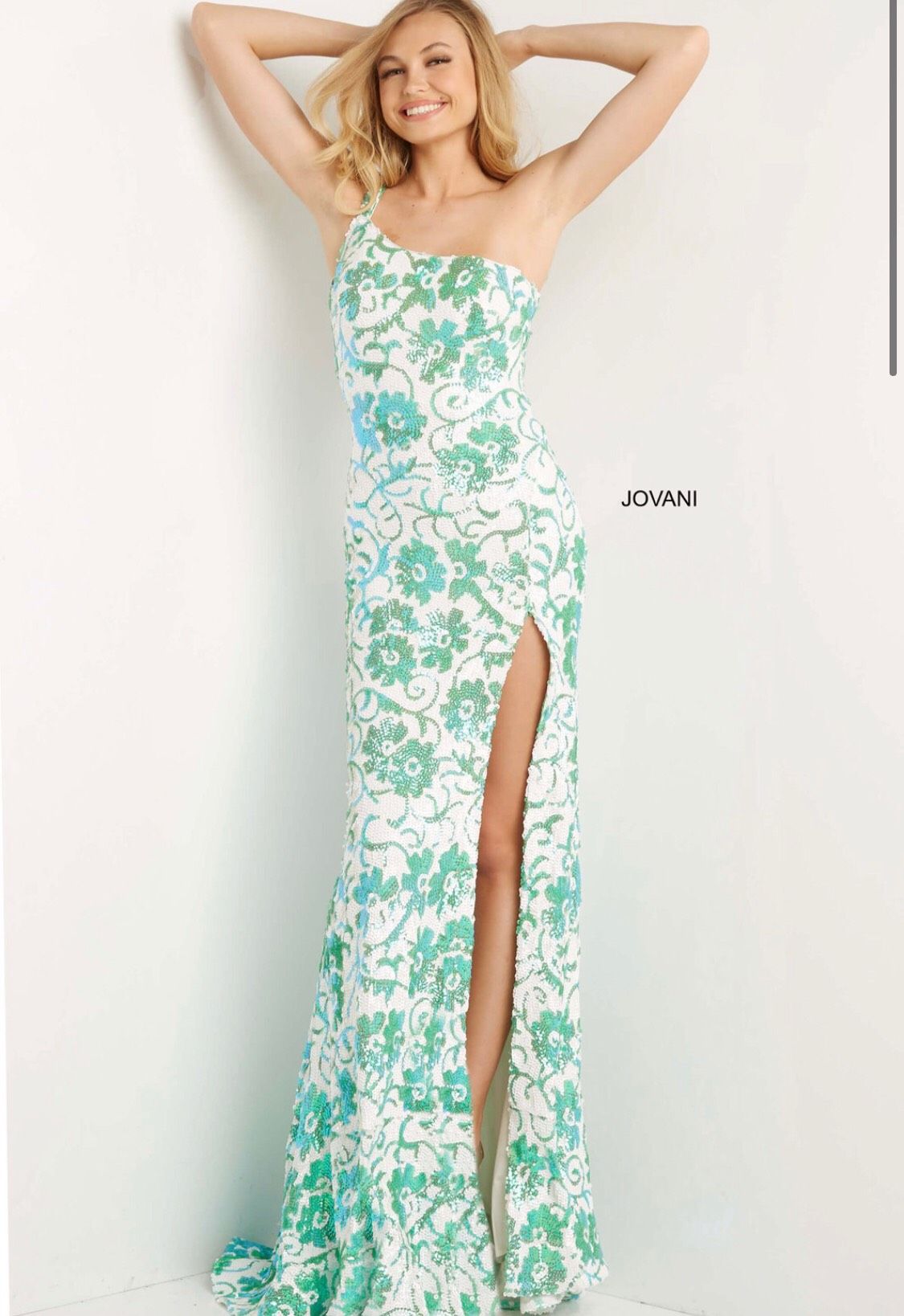 Jovani Size 0 Prom One Shoulder Floral Emerald Green Side Slit Dress on Queenly
