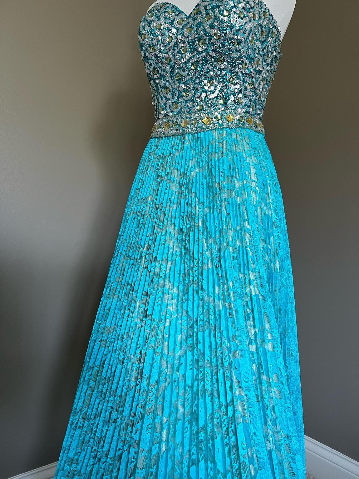 Sherri Hill Size 4 Prom Strapless Lace Turquoise Blue A-line Dress on Queenly