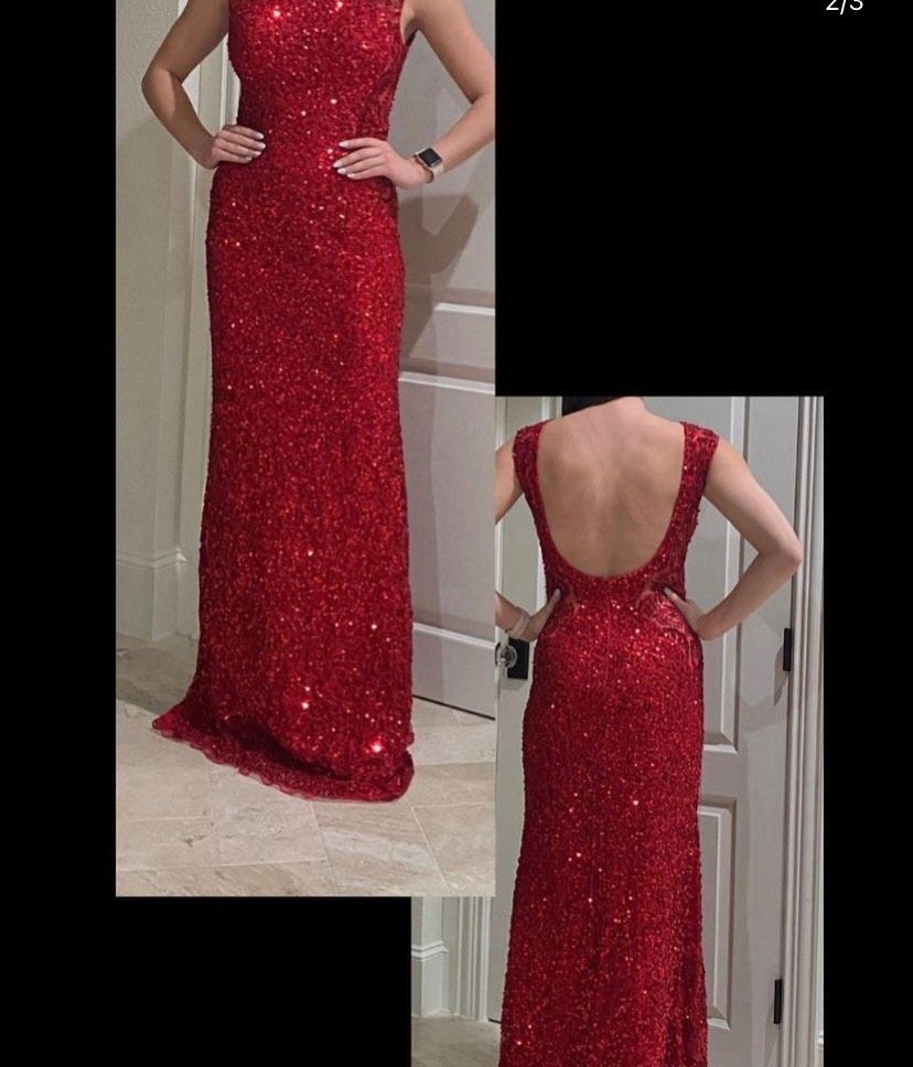Size 4 Prom Sequined Red Floor Length Maxi on Queenly