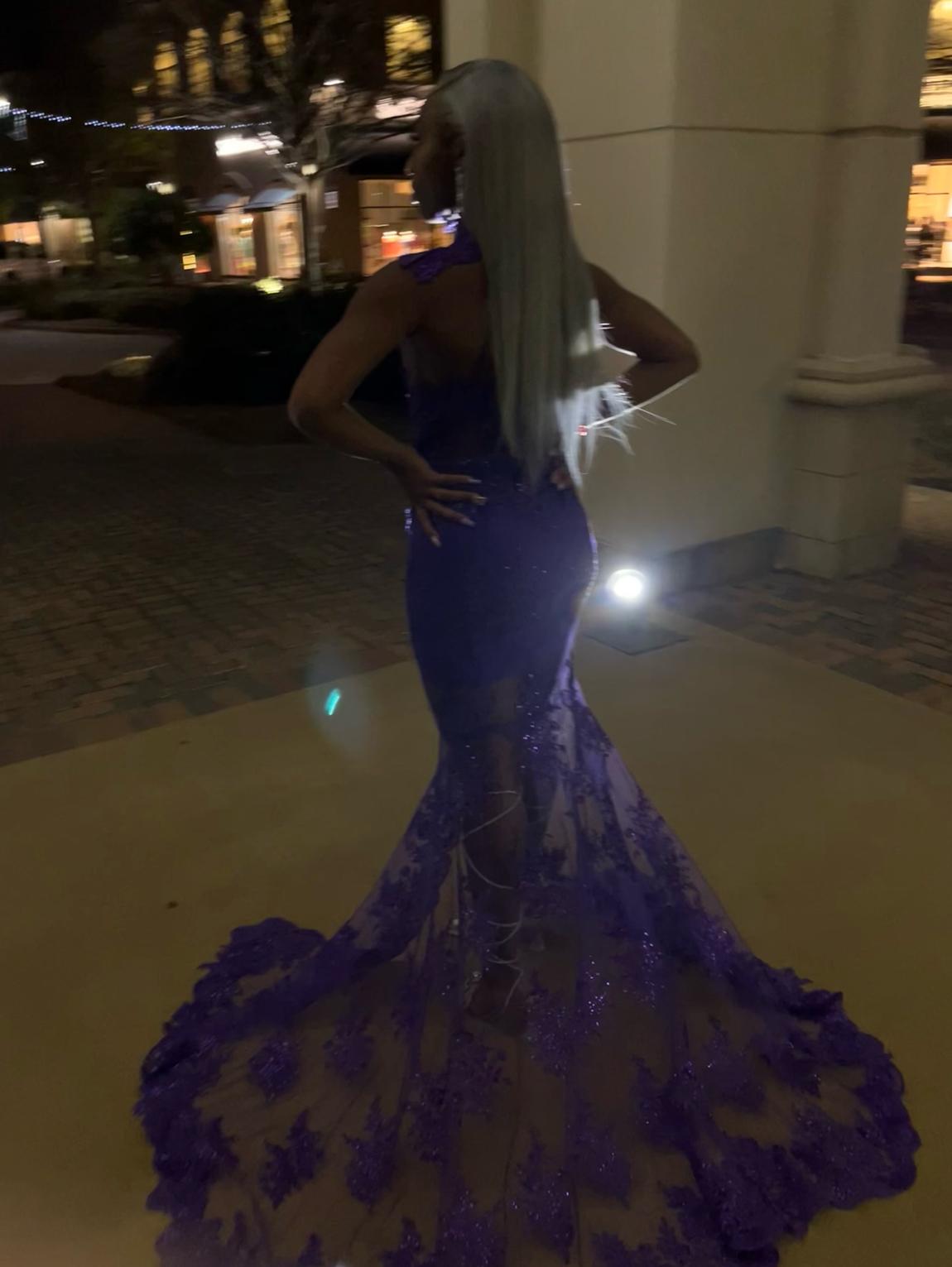 Customer- Kimberly Shorter Size 8 Prom High Neck Lace Purple Dress With Train on Queenly