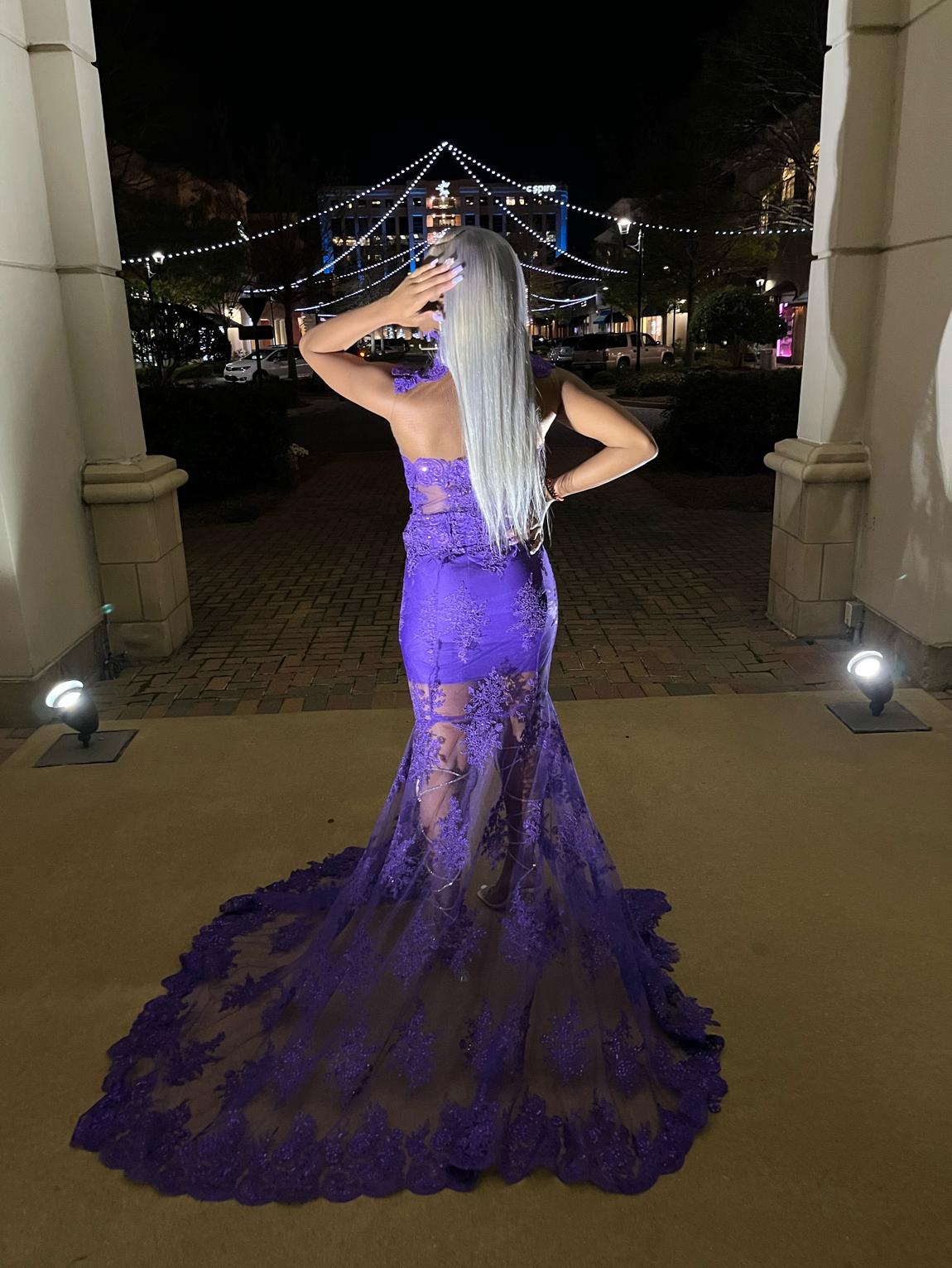 Customer- Kimberly Shorter Size 8 Prom High Neck Lace Purple Dress With Train on Queenly