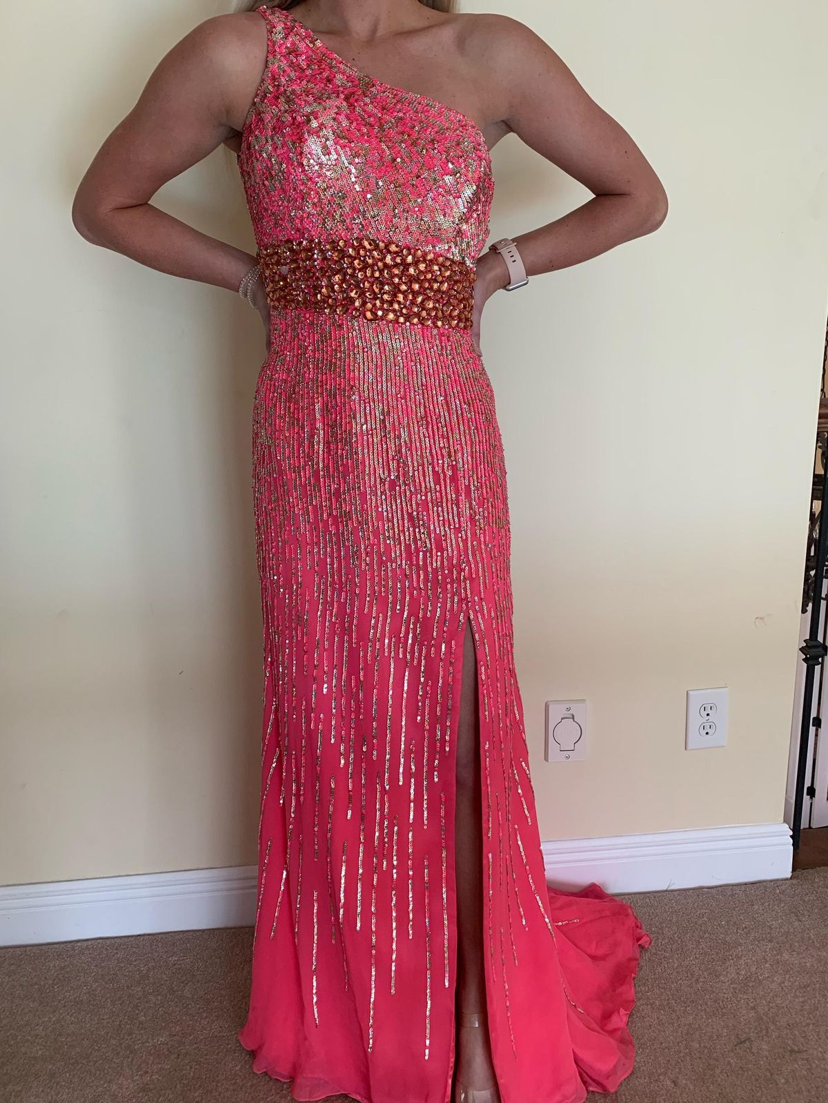 Sherri Hill Size 2 Prom One Shoulder Sequined Hot Pink Floor Length Maxi on Queenly