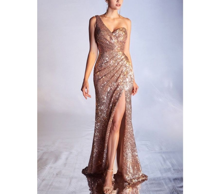 Style Rose Gold Sequin Beaded One Shoulder Gown Cinderella Divine Size 6 Gold Mermaid Dress on Queenly