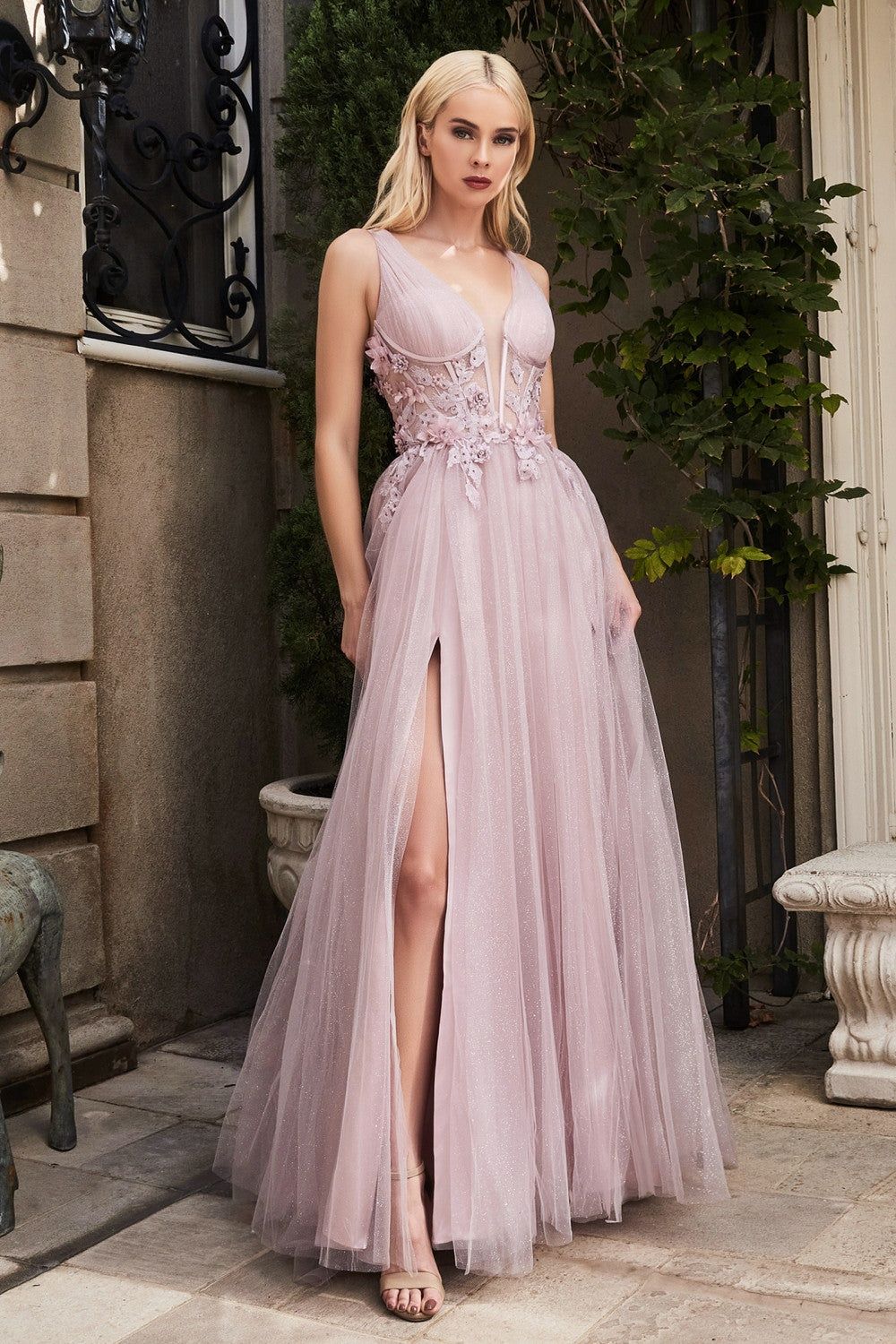 Style A1057 Andrea & Leo Couture Pink Size 8 Floor Length A-line Corset Floral Side slit Dress on Queenly