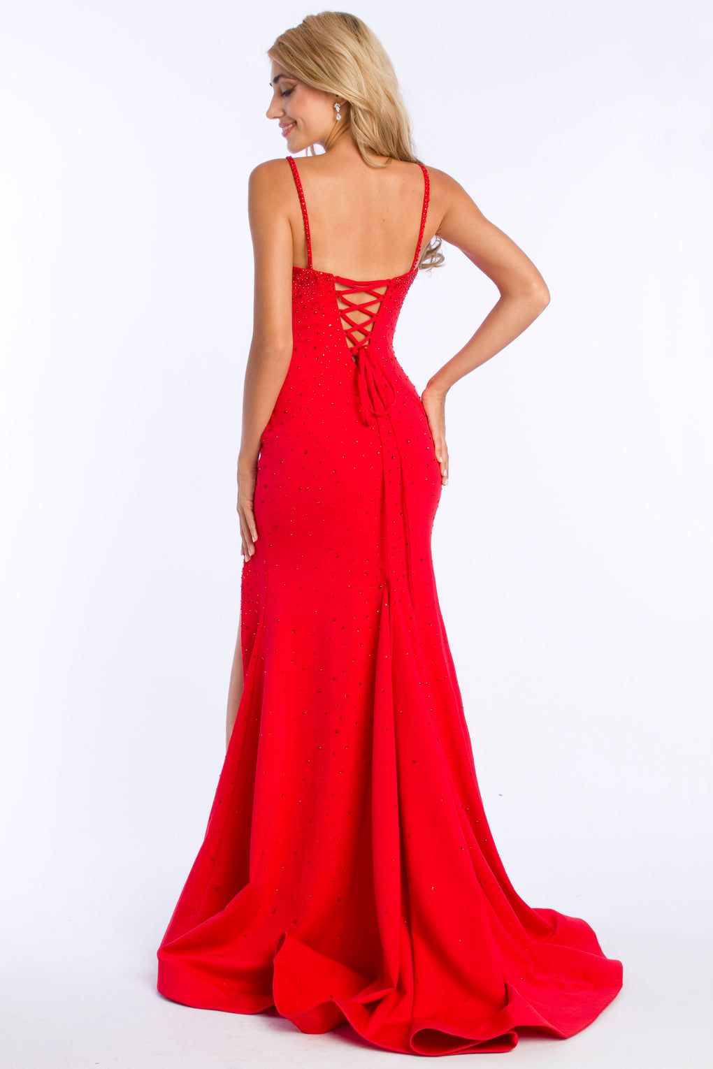 Style 37330 Ava Presley Red Size 4 Corset Prom Side slit Dress on Queenly
