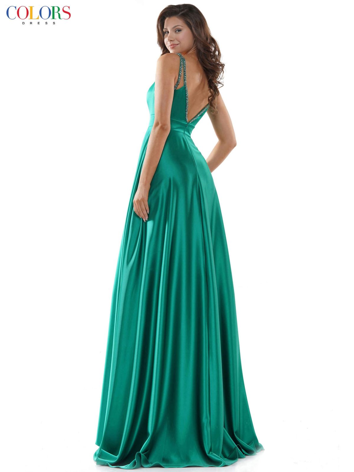 Style 2578 Colors Size 12 Plunge Satin Green Side Slit Dress on Queenly