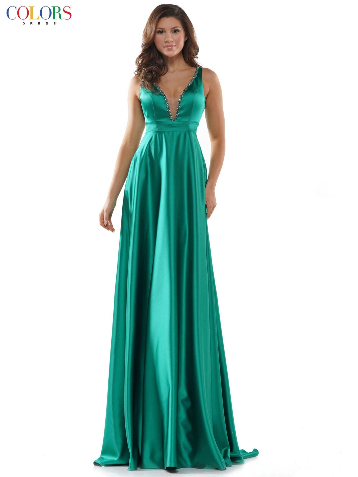 Style 2578 Colors Size 12 Plunge Satin Green Side Slit Dress on Queenly
