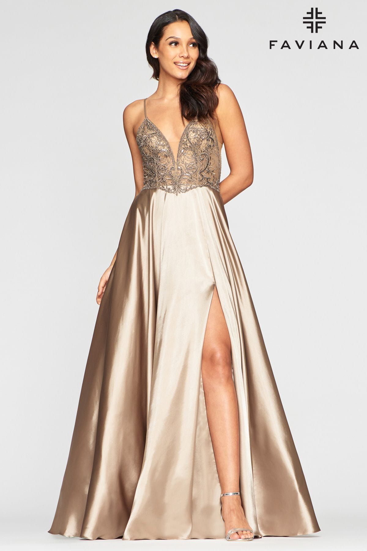 Style S10401 Faviana Size 2 Prom Lace Nude Side Slit Dress on Queenly