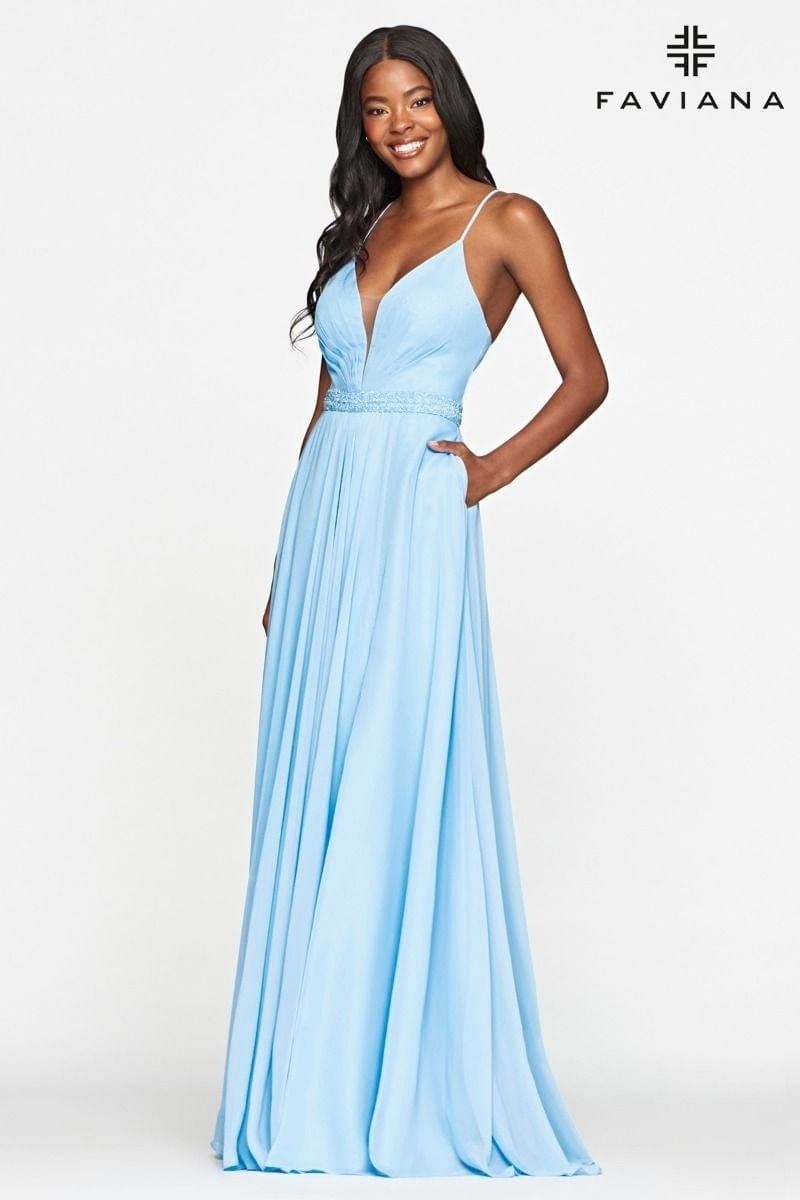 Style S10435 Faviana Size 4 Bridesmaid Sheer Blue Floor Length Maxi on Queenly