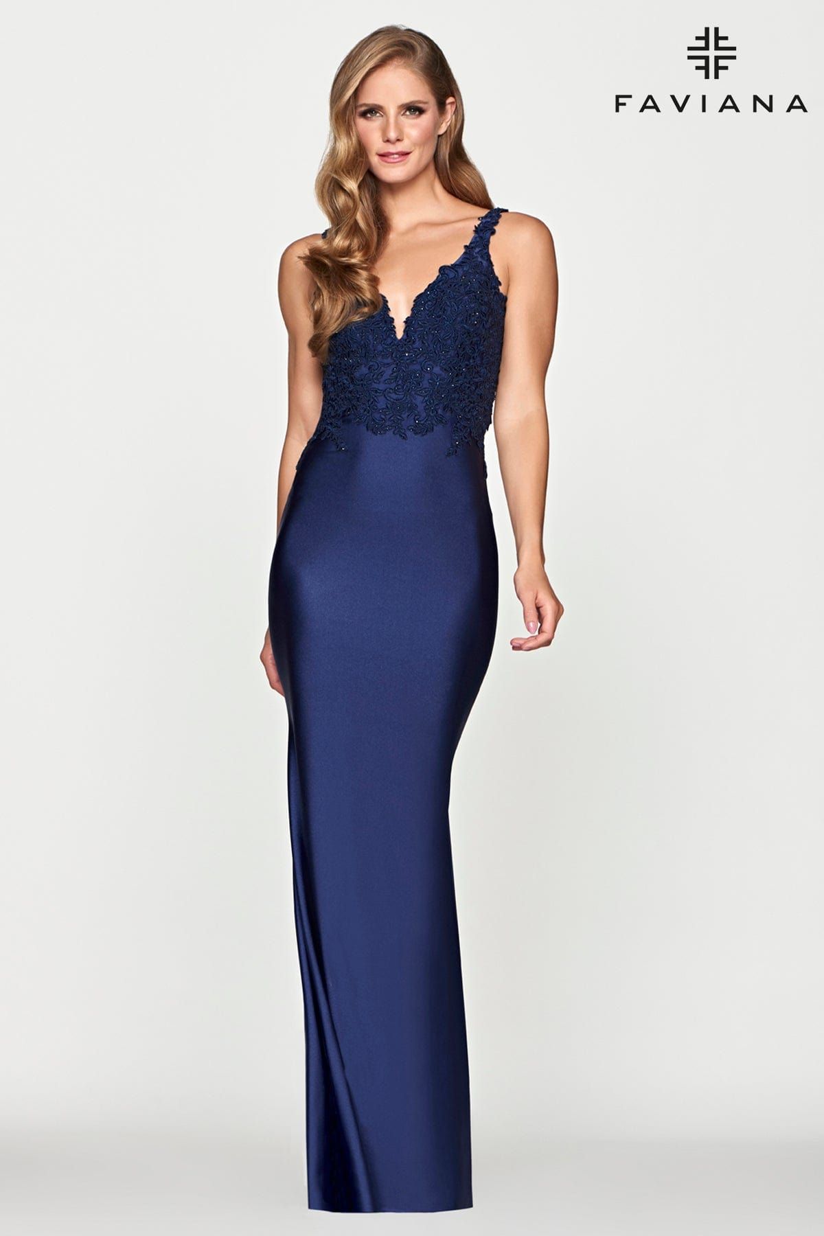Style S10639 Faviana Size 2 Lace Navy Blue Floor Length Maxi on Queenly