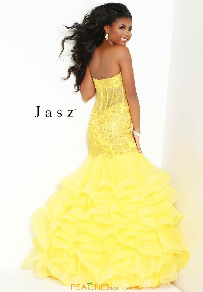 Style 7025 Jasz Couture Size 4 Strapless Lace Yellow Mermaid Dress on Queenly
