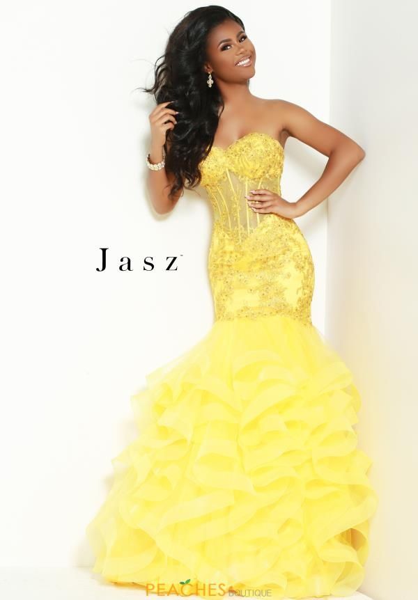 Style 7025 Jasz Couture Size 4 Strapless Lace Yellow Mermaid Dress on Queenly