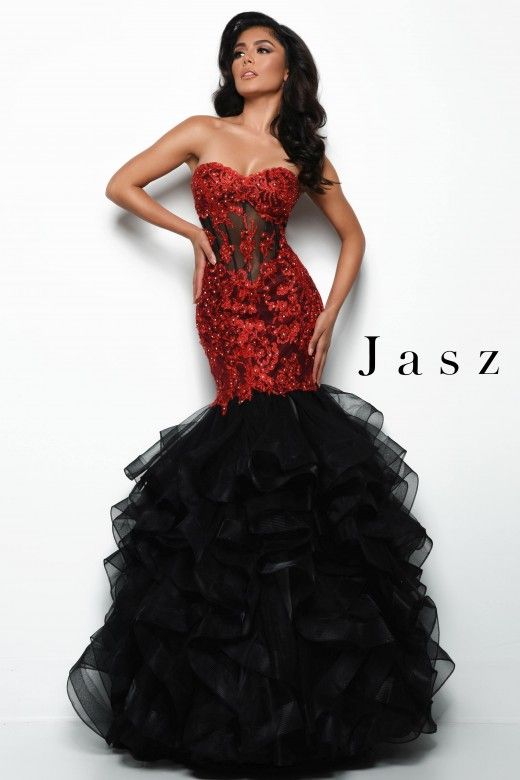 Style 7025 Jasz Couture Size 4 Strapless Lace Black  Mermaid Dress on Queenly