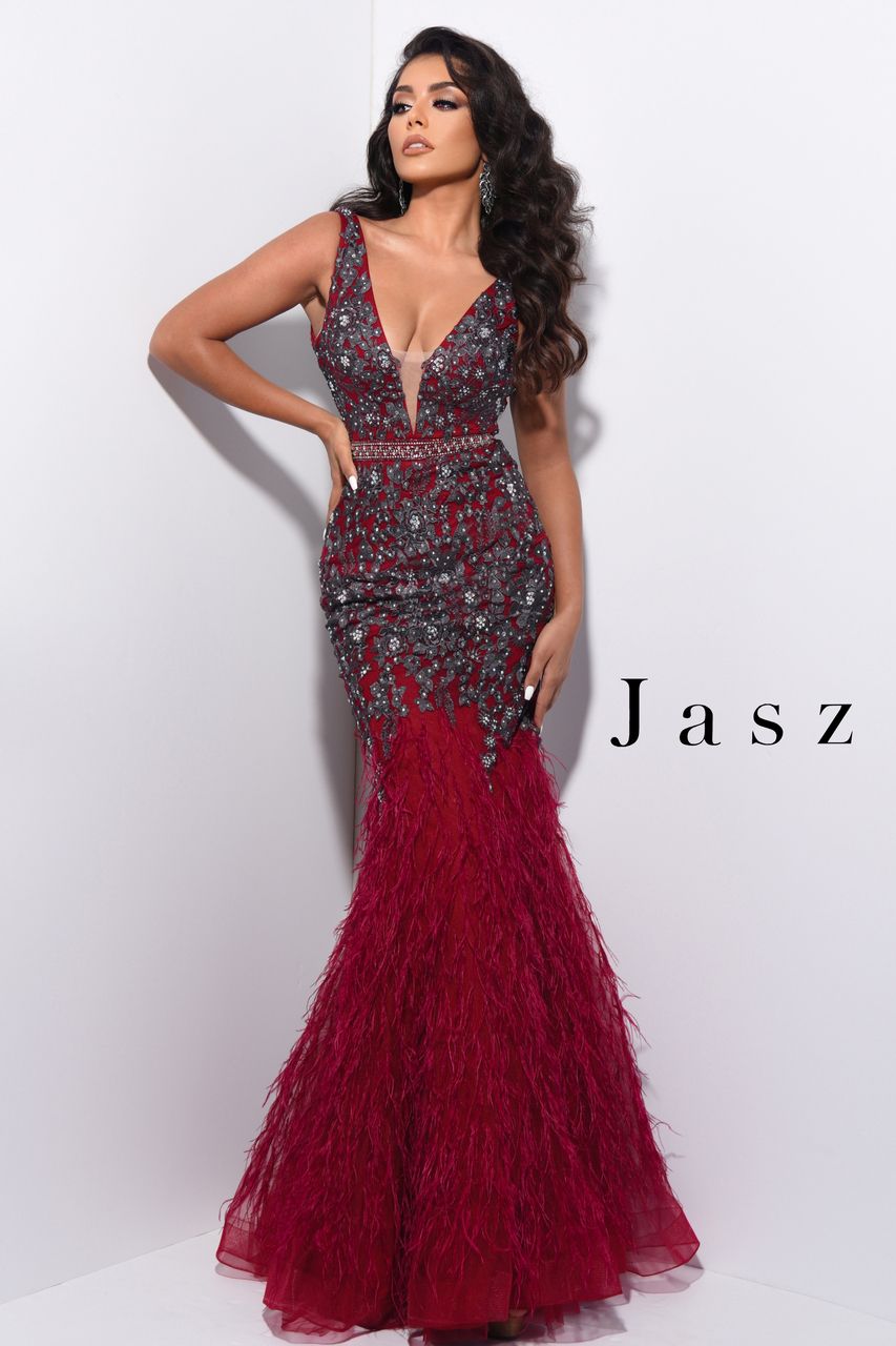 Style 7003 Jasz Couture Size 10 Pageant Lace Burgundy Red Mermaid Dress on Queenly
