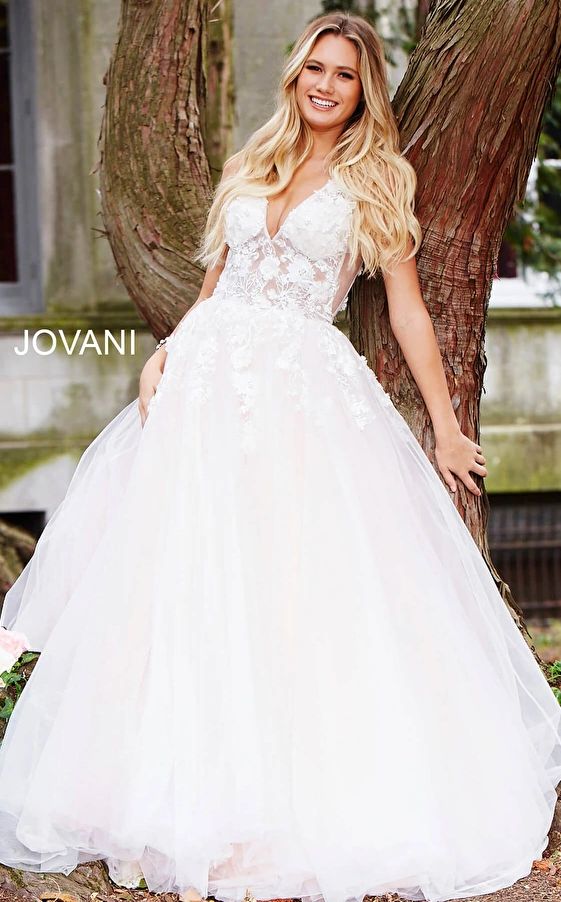 Style 55634 Jovani Size 6 Wedding Lace White Ball Gown on Queenly