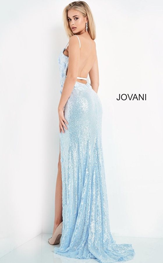 Style 1012 Jovani Size 6 Pageant Sequined Light Blue Side Slit Dress on Queenly