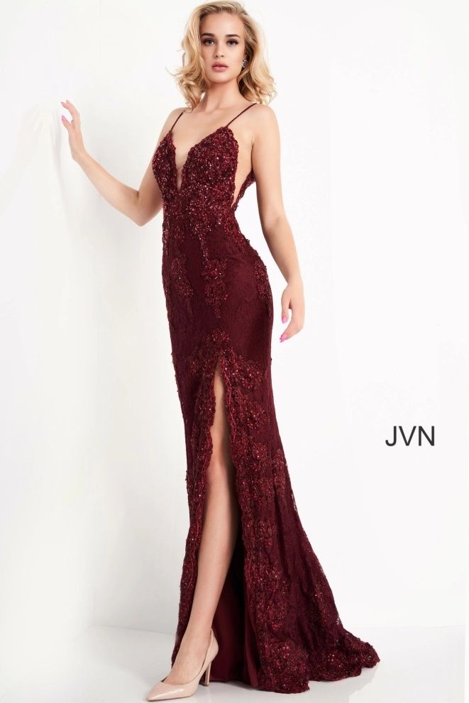 Style JVN00864 Jovani Size 8 Pageant Lace Burgundy Red Side Slit Dress on Queenly
