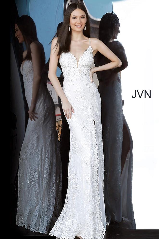 Style JVN00864 Jovani White Size 4 Lace Straight Dress on Queenly