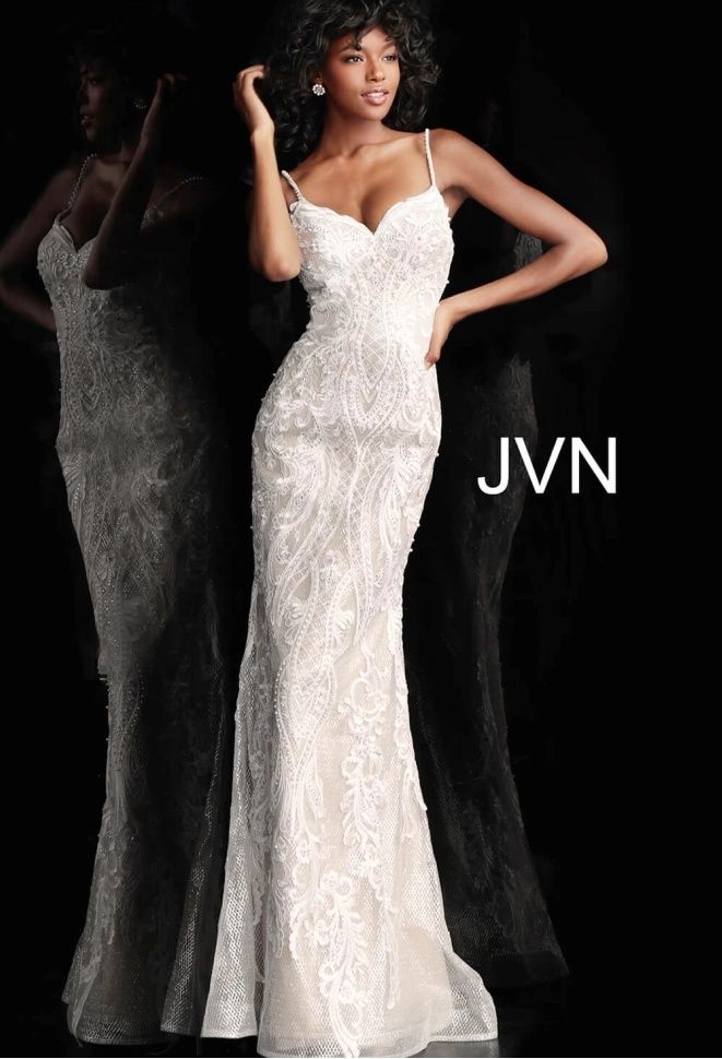 Style JVN65529 Jovani Size 4 Sheer White Floor Length Maxi on Queenly