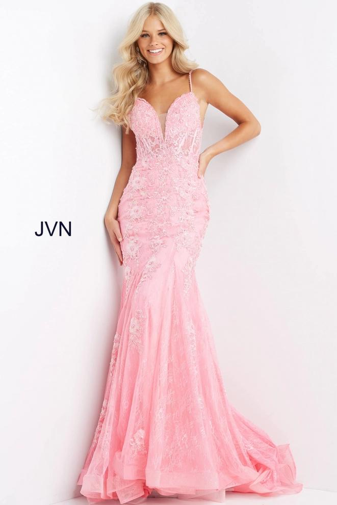 Style JVN06475 Jovani Size 0 Pageant Plunge Floral Hot Pink Mermaid Dress on Queenly