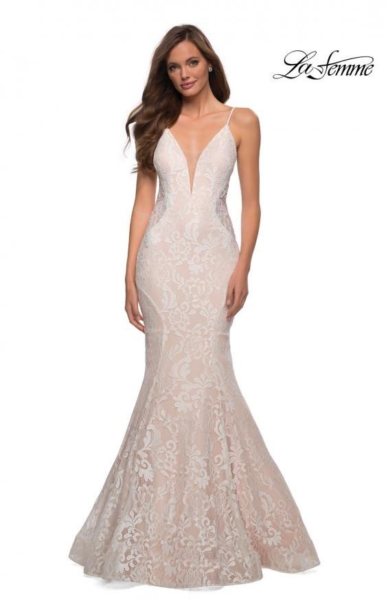Style 28355 La Femme Size 10 Pageant Lace White Mermaid Dress on Queenly