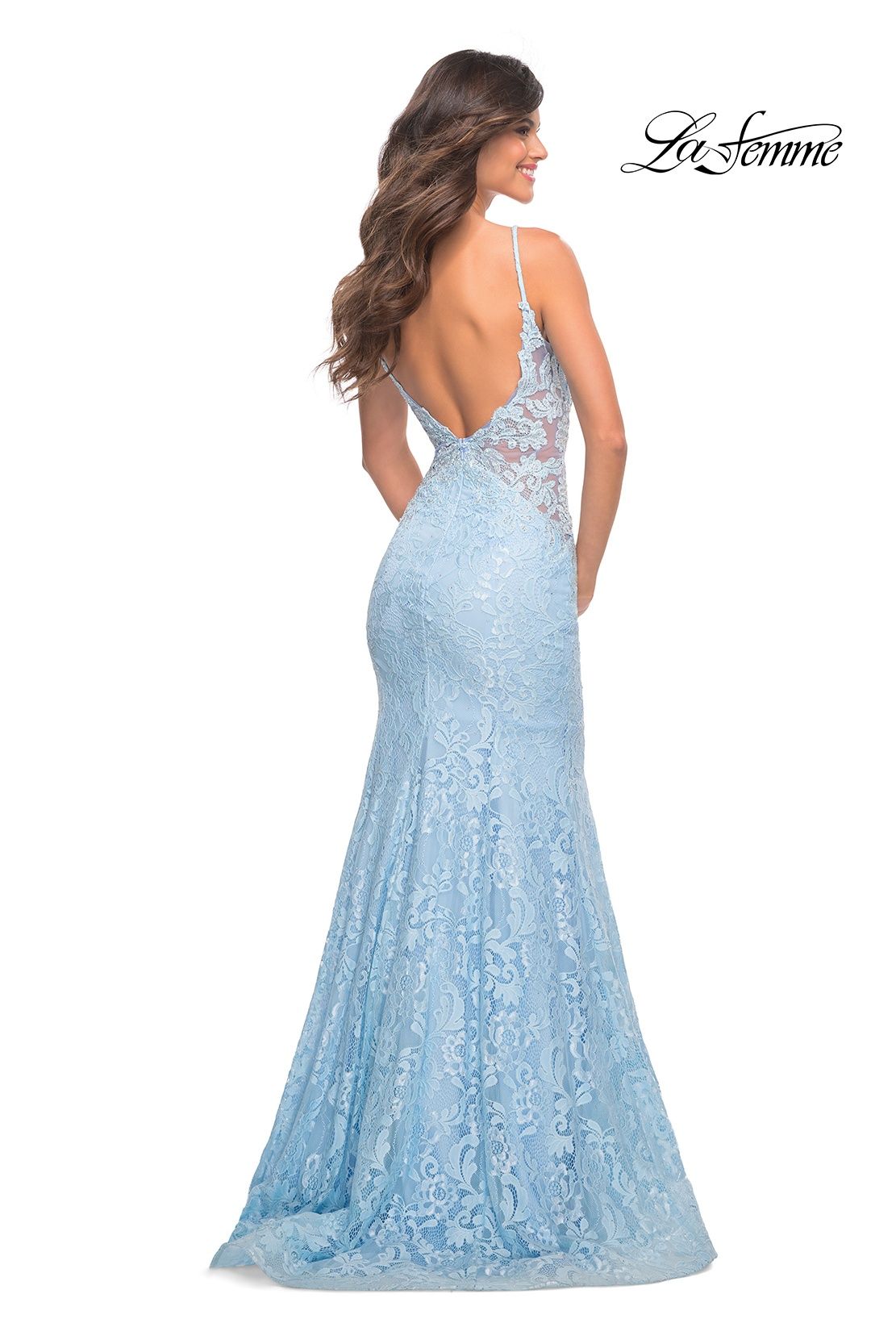 Style 28355 La Femme Size 8 Pageant Lace Blue Mermaid Dress on Queenly