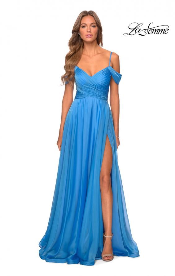 Style 28942 La Femme Plus Size 16 Blue Side Slit Dress on Queenly