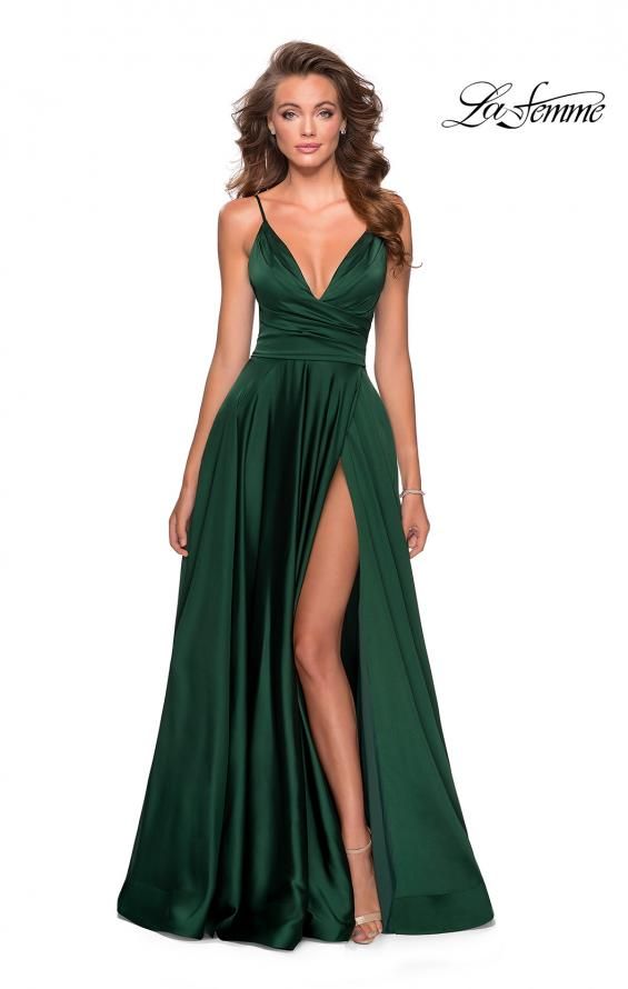 Style 28607 La Femme Size 10 Emerald Green Side Slit Dress on Queenly