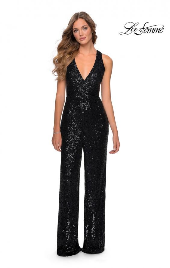 Style 28719 La Femme Size 8 Sequined Black  Formal Jumpsuit on Queenly