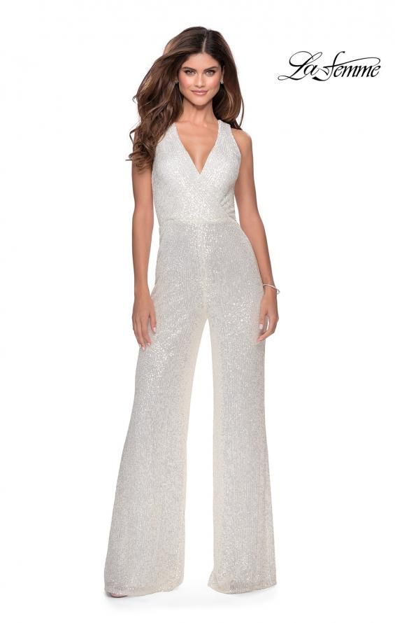 Style 28719 La Femme Size 6 Sequined White Formal Jumpsuit on Queenly