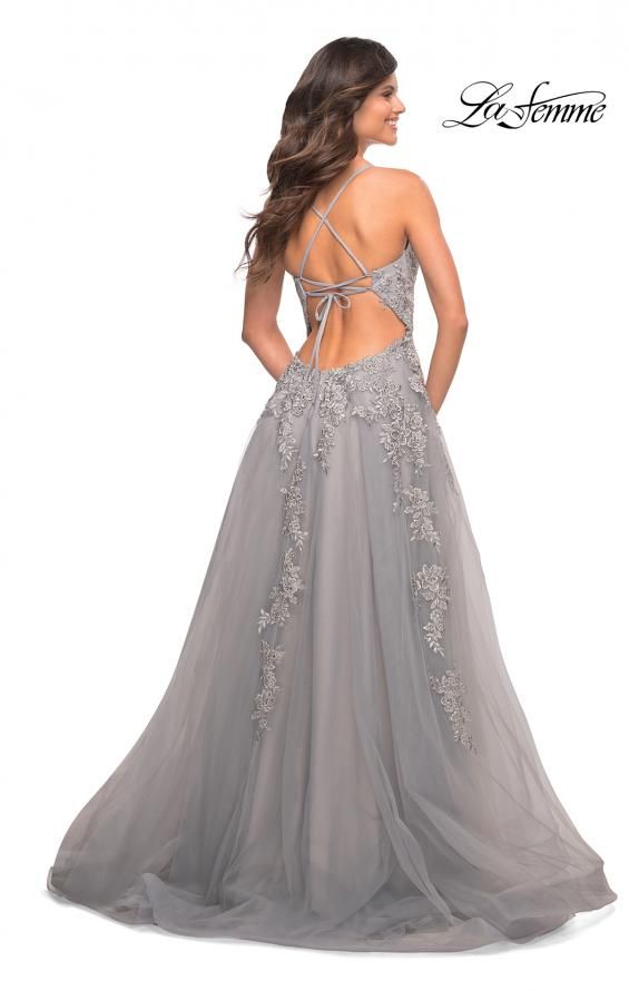 Style 30810 La Femme Size 6 Pageant Lace Silver Side Slit Dress on Queenly