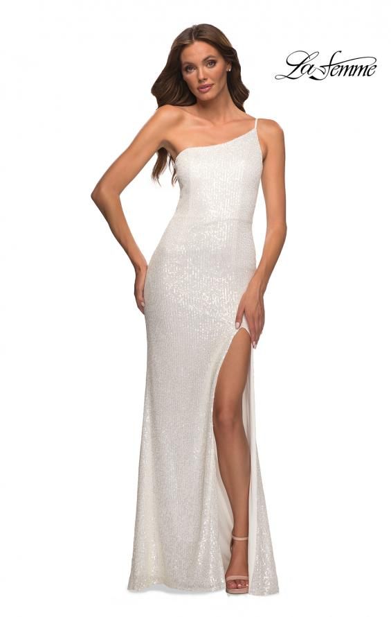 Style 30391 La Femme Size 10 One Shoulder White Side Slit Dress on Queenly