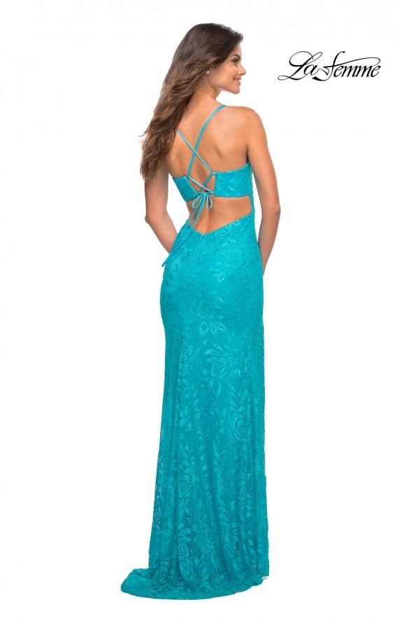 Style 30499 La Femme Size 6 Lace Turquoise Blue Side Slit Dress on Queenly