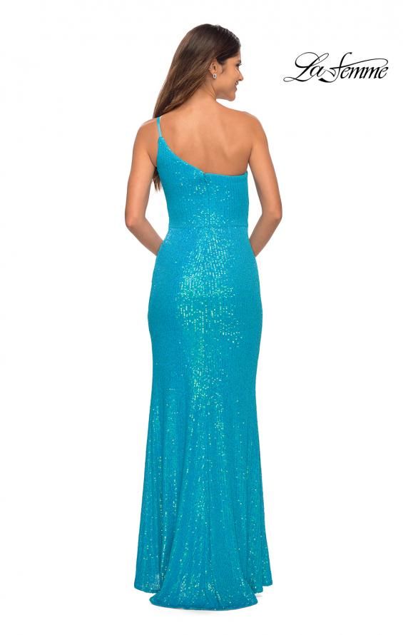 Style 30618 La Femme Size 4 One Shoulder Turquoise Blue Side Slit Dress on Queenly