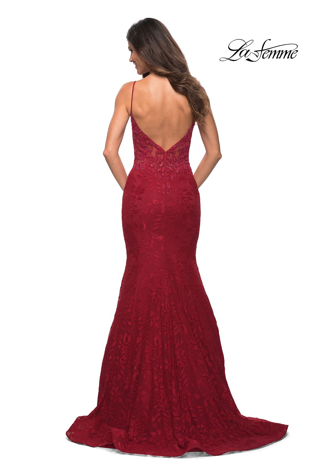 Style 30320 La Femme Size 12 Pageant Lace Red Mermaid Dress on Queenly