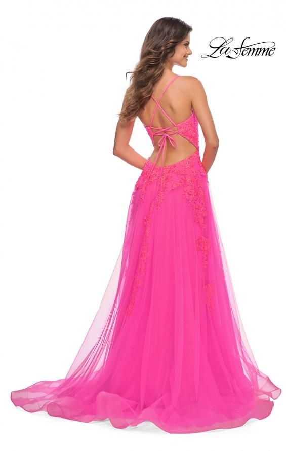 Style 30303 La Femme Size 4 Pageant Lace Pink Side Slit Dress on Queenly