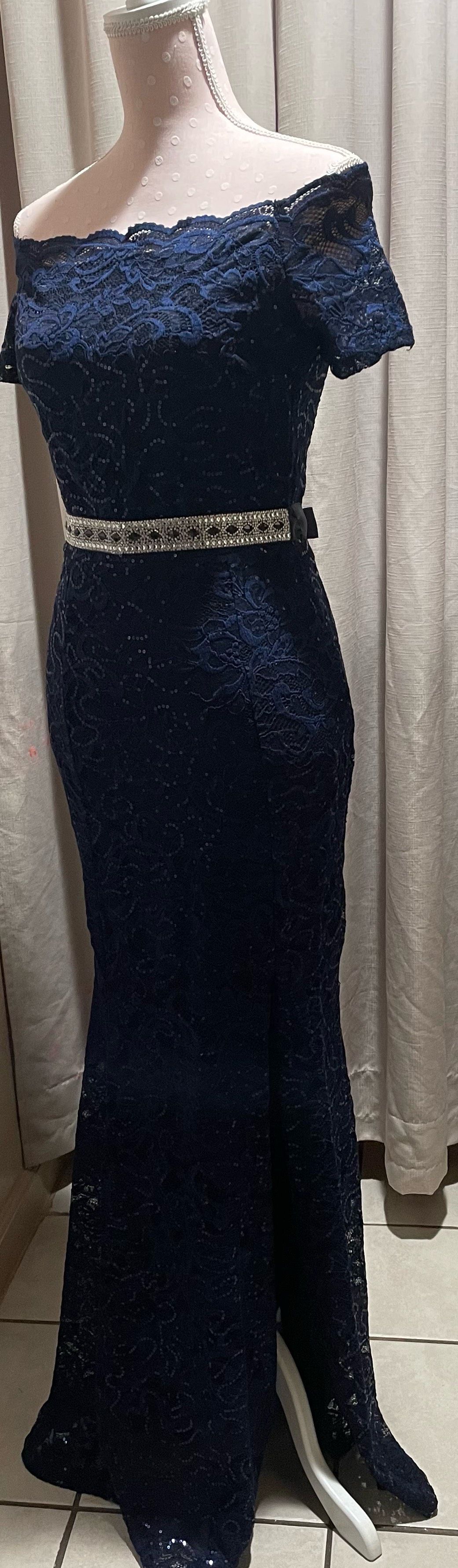 Size 10 Off The Shoulder Navy Blue Side Slit Dress on Queenly