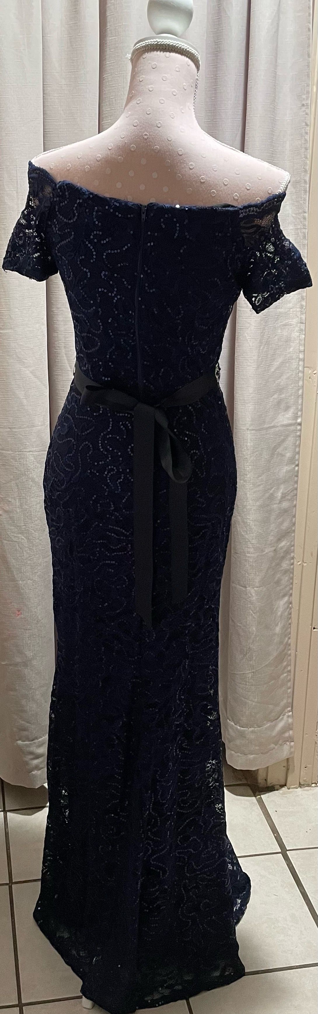 Size 6 Off The Shoulder Navy Blue Side Slit Dress on Queenly