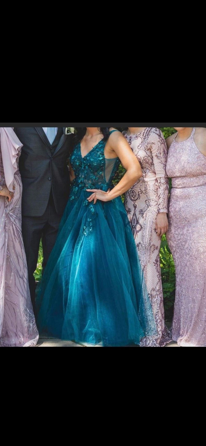 Jovani Size 8 Prom Plunge Floral Navy Blue Ball Gown on Queenly