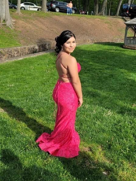 Size 6 Prom Lace Hot Pink Mermaid Dress on Queenly