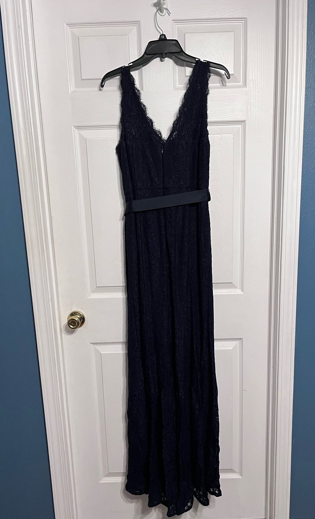 Size 14 Prom Lace Navy Blue Floor Length Maxi on Queenly