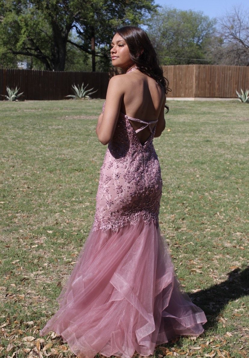 Size 2 Prom Halter Sequined Hot Pink Mermaid Dress on Queenly