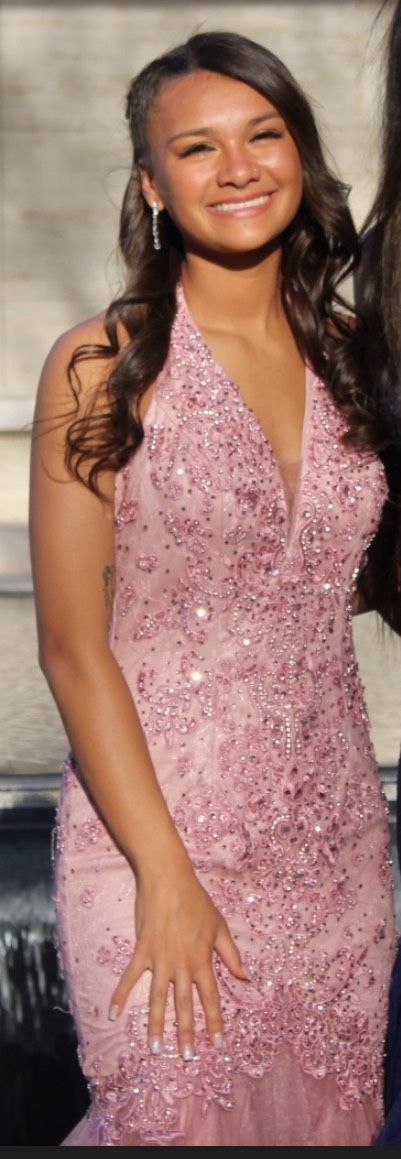 Size 2 Prom Halter Sequined Hot Pink Mermaid Dress on Queenly